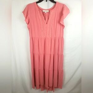 Loft Pink Flutter Sleeve VNeck Tiered Maxi Dress Sz S